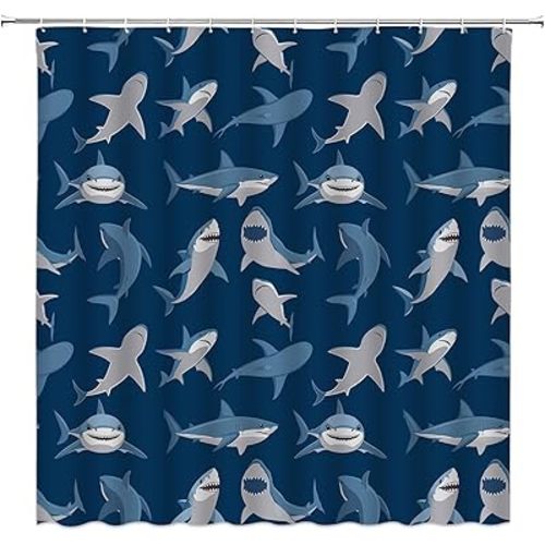 GCTNBJL Shark Shower Curtain Navy Blue Ocean Animal Shark Open The Mouth Have A Bite Danger Humor Fish Sea Marine Underwater Nautical Bathroom Curtain with Hooks