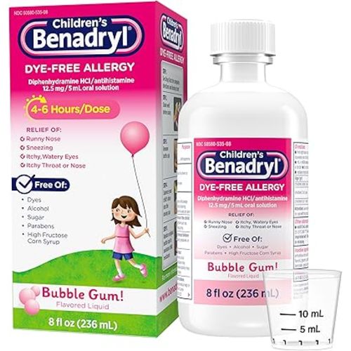 Benadryl Children's Liquid, Kids Allergy Relief Medicine, Dye-, Alcohol-, High Fructose Corn Syrup (HFCS)-Free, Safe for Children 6+ Use Only As Directed, Bubble Gum Flavor, 8 fl oz