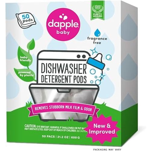 Dapple Baby Dishwasher Pacs, Hypoallergenic Dishwasher Pods Powered by Plants, Removes Milk Residue & Odor on Dishes, Baby Bottles & Kitchenware, Fragrance Free, 50 count
