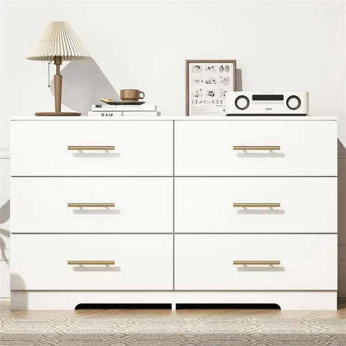Kadyn White Chest of Drawer, 6 Double Drawer Dresser with Golden Handle, Modern Storage Cabinet for Bedroom Living Room, Dresser