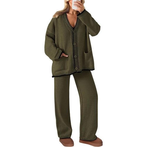 PRETTYGARDEN Women's 2 Piece Outfits Knit Matching Lounge Sets Long Sleeve V Neck Cardigan Sweaters Wide Leg Pants Tracksuits