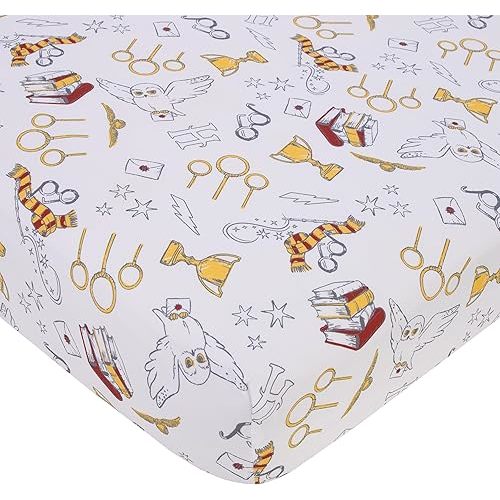 NoJo Harry Potter Hogwarts Icons Nursery Fitted Crib Sheet for Standard Size Mattress - Enchanting Hogwarts Design with Hedwig The Owl, Magical Wand, Glasses 28" x 52" x 8"