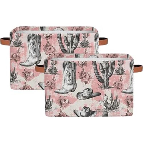 Western Cowboy Rectangle Storage Basket Cactus Foldable Storage Bin Cubes with Handles Large Organizer Bins Boxes Toy Closet Shelf Nursery Laundry Basket, 2 Pcs