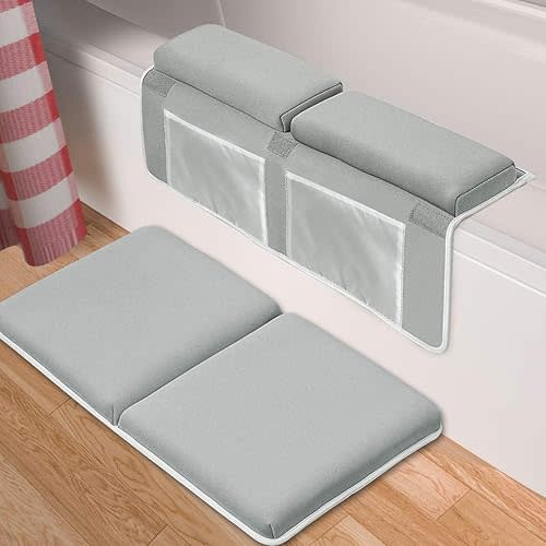 Bath Kneeler with Elbow Rest Pad Set, 1.5" Thick Memory Foam Baby Bath Kneeling Pad Arm Rest Cushion with 4 Toy Organizer for Happy Baby Bathing Time (Gray)