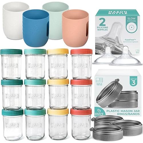 Newborn Essentials Bundle | Complete Baby Glass Bottle & Breastmilk Storage Kit | 8oz Mason Jars + Slow Flow Nipples for 0-3 Months + Plastic Mason Jar Rings + Silicone Sleeves