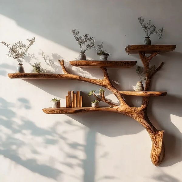 Driftwood Floating Shelf – Rustic Tree Branch Wall Art & Handmade Book
