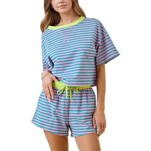 MISSACTIVER Womens Lounge 2 Piece Sets Summer Striped Matching Pajamas Set Short Sleeve Oversized T Shirts Drawstring Shorts