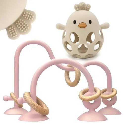 Baby High Chair Suction Toys Teething Chew - Baby Table Toys, Teething Toys Silicone Teethers, Food Grade Silicon for 6 12 18 Months (Rosepink Beige)
