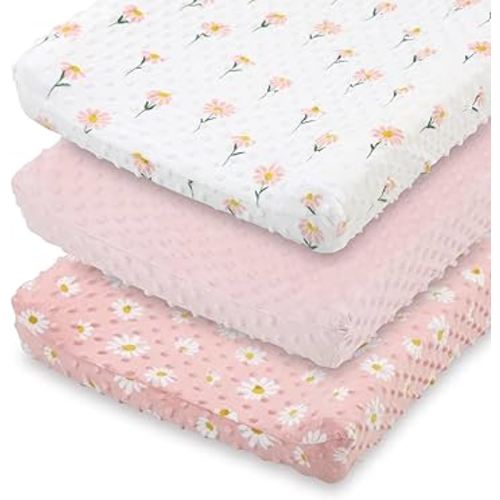 The Peanutshell Baby Changing Pad Covers Girl, Minky Changing Table Sheets for Girls, Pink Floral Nursery Decor, Boho Sunflower Daisy