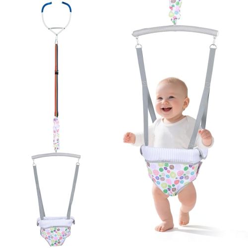 Slevoo Baby Jumper, Baby Doorway Jumper with Door Clamp Adjustable Strap, Fun Activity for 6-12 Months (Joyful Bubbles, Geometric)