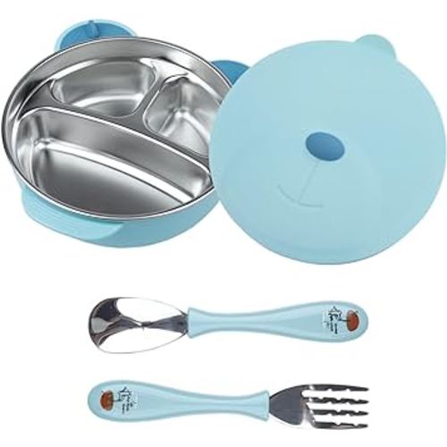 Stainless Steel Baby Feeding Bowl, Toddler Suction Plate with Lid Spoon and Fork, Perfect for Children (Blue)