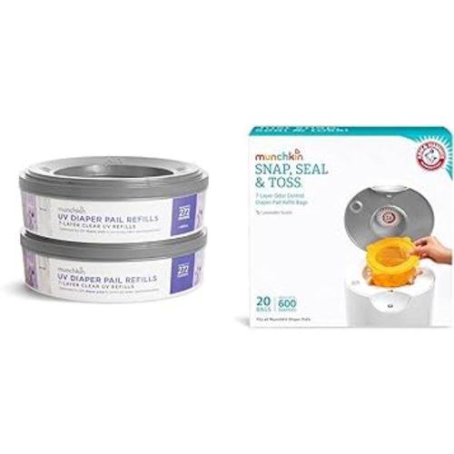 Munchkin UV Diaper Pail Refill Rings 272 Count Pack of 2, Diaper Pail Refill Bags Holds 600 White 20 Count
