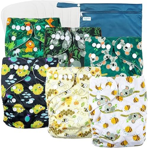 Leekalos Cloth Diapers Reusable for Boys and Girls, Baby Diaper Cloth with Inserts & Wet Bag One Size (Koala & Bee)