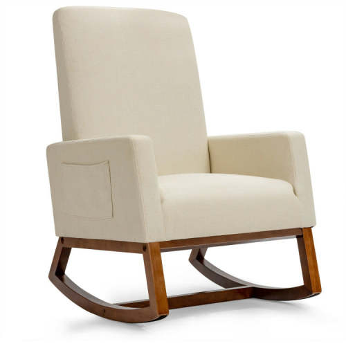 Rocking High Back Upholstered Lounge Armchair With Side Pocket-Beige
