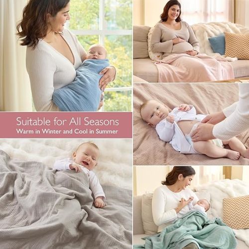 Momcozy Muslin Quilt Blanket, Soft Breathable Natural Cotton Crib Bassinet Blanket, Large 47''x47'' Neutral Boys Girls Nursery Toddler Bed Blanket, Baby Swaddle Receiving Blanket, 4-Layer, Blush