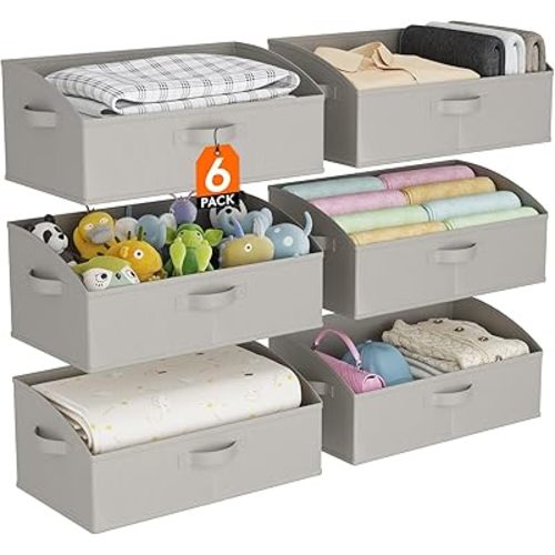 Lifewit Extra Large Trapezoid Closet Storage Bins for Shelf, 6 Packs Non-woven Fabric Closet Organizer Baskets with Handles, Foldable Clothes Containers Boxes for Clothing, Book, Purse Light Gray