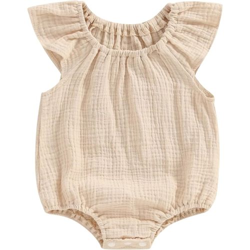 Mubineo Baby Girl Boy Summer Cotton Linen Romper Clothes Basic Plain Ruffle Sleeveless Comfy Rompers Newborn Tops - Beige - 0-3 Months