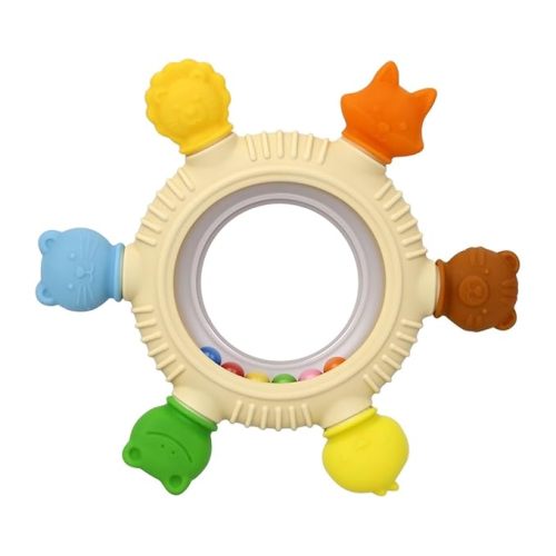 Baby Teething Toys Silicone Teethers BPA Free Silicone Rudder with Wooden Ring Soothe Babies Gums (Khaki)
