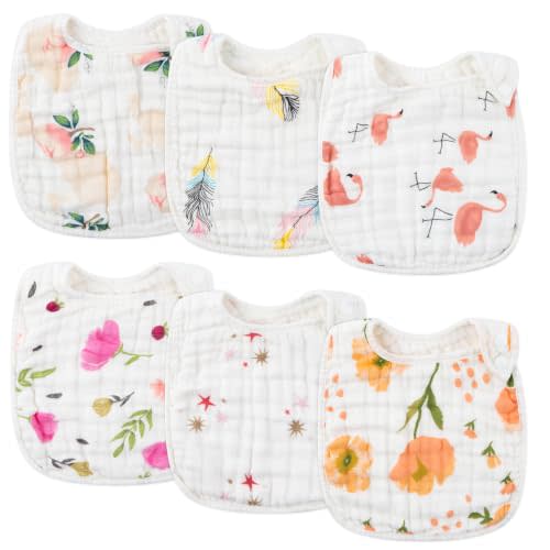 Zainpe 6Pcs Snap Muslin Cotton Bibs for Baby, Flamingo Star Flower Machine Washable Adjustable Burp Cloths with 6 Absorbent Soft Layers for Infant Newborn Toddler Drooling Feeding and Teething