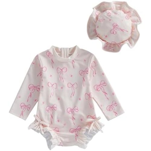 Toddler Baby Girl One Piece Swimsuit with Sun Hat Long Sleeve Rash Guard Back Zipper Ruffle Bathing Suit Swimwear