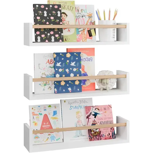 Fixwal Nursery Bookshelves, 16.5 Inch Floating Shelves for Wall Set of 3, Kids Bookshelf for Bedroom, Baby Nursery Decor (White and Natural)