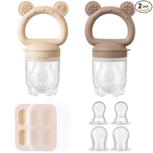 2 Pack Silicone Baby Fruit Feeder with Mini Freezer Tray, Breastmilk Popsicle Molds for Baby Teething Relief, Teethers, Fresh Food Feeder for Safe Infant Self Feeding, Extra Food Pouches - Chocolate