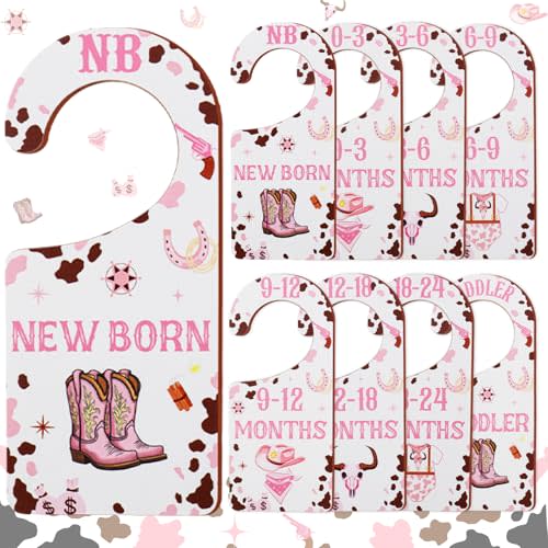 CORNER LACE Baby Closet Dividers 8PCS, Western Cowgirl/Wild West Rodeo Themed Wooden Double-Sided Clothes Size Hanger Organizer from Newborn to Toddler for Nursery Decor Baby Shower Birthday Gift Pink