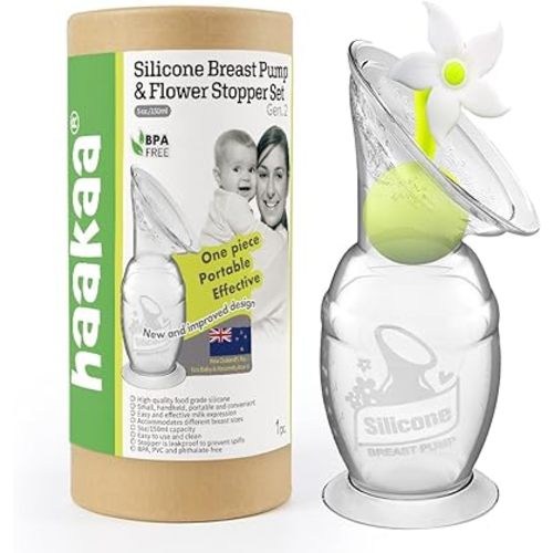 Haakaa Manual Breast Pump Silicone Breast Pump Milk Saver Milk Pump with Suction Base and Flower Stopper 100% Food Grade Silicone BPA Free (5oz/150ml) (White)