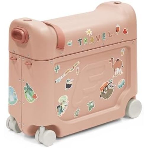 Stokke JetKids BedBox, Coral Pink - Ride-On Suitcase for Kids 2-7 Years Old (up to 77 lbs) - Transforms Into Bed - Includes Mattress, Decorative Stickers & Adjustable Carrying Strap