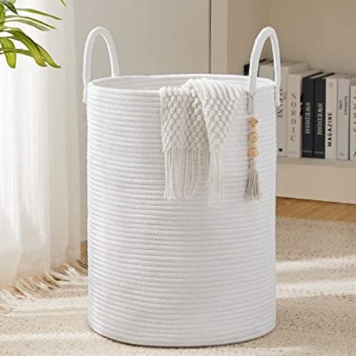 Cotton Rope Laundry Hamper Basket, 58L Tall Woven Collapsible Baskets for Blanket Organizing Clothes Hamper for Laundry Room Storage