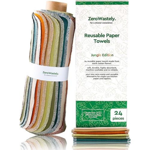 Reusable Paper Towels - Value Pack of 24 Paperless Towels! 100% Cotton, Super Soft, Absorbent, Washable and Made To Last Cut Back Waste Less with our Cloth By ZeroWastely