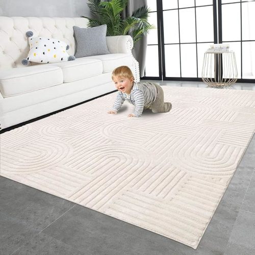 SHACOS Soft Cozy Fluffy Arch Pattern High-Low Textured Area Rug 5'3"x7'3" Non Slip Washable Modern Geometric Rug Stain Resistant Contemporary Carpet for Living Room Bedroom Dining Room, Cream