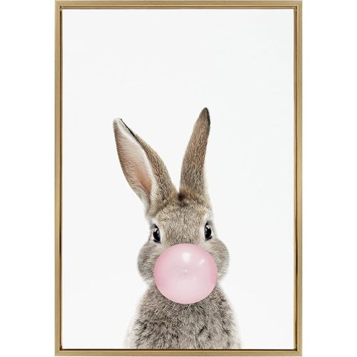 Kate and Laurel Sylvie Bubble Gum Bunny Framed Canvas Wall Art by Amy Peterson Art Studio, 23x33 Gold, Decorative Animal Art for Wall