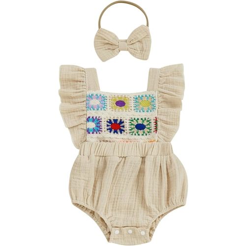 Newborn 3 6 9 12 18 Months Baby Girl Romper Boho Summer Clothes Crochet Flower Onesie Fly Sleeve Bodysuit Infant Outfit