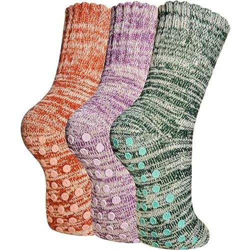 SeeyAN Non Slip Socks Hospital Grip Socks For Women Hiking Thermal Merino Wool Winter Anti Skid Socks 3 Pairs
