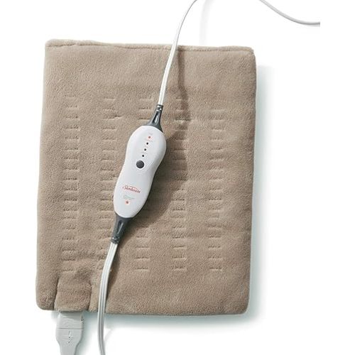 Sunbeam Premium Standard Size Heating Pad with Compact Storage - Moist Electric Heating Pad for Targeted Pain Relief of Back, Neck and Shoulders, 4 Heat Settings, 2 Hour Auto-Off, 12 x 15 inch, Beige