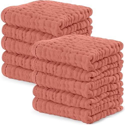 Comfy Cubs Muslin Baby Washcloths 10 Pack - Soft 6-Layer Cotton Wash Cloths for Sensitive Skin - 10"x10" Large, Gentle, Absorbent Infant Essentials for Newborn and Toddlers - Dusty Rose
