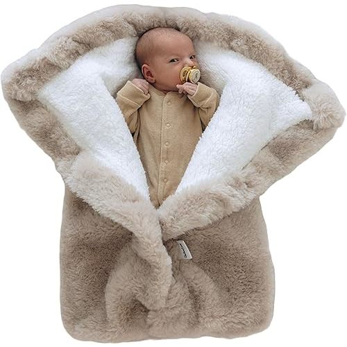 Warm Swaddle Blanket for Baby Boy or Girl, Multi Use Baby Wrap Swaddle, Ultra-Soft Fleece Interior Plush Exterior, Winter Stroller Blanket, Cold Weather Baby Swaddle (Beige, 0-6 Months)