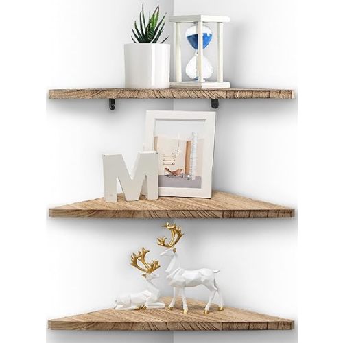 Joiishom Corner Wall Shelf Set of 3, Floating Corner Shelves, Rustic Wood Wall Storage Display Shelves for Living Room, Bedroom, Bathroom, Kitchen (Carbonized Wood)