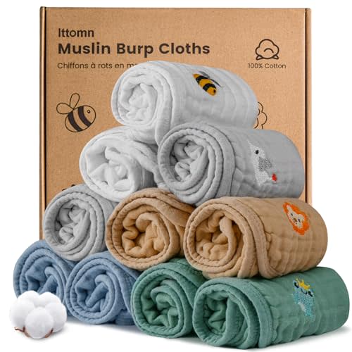 lttomn Muslin Burp Cloths 10 Pack,100% Cotton Baby Burping Clothes,Newborn Essential Must-Have Baby Registry,6 Layers Cotton Soft Washcloths,Multi-Colors Face Towels 20"x11"Large (Boys)