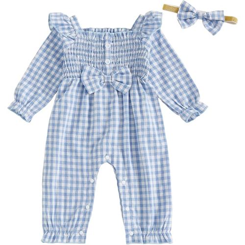 Newborn Baby Girls Plaid/Striped Long Sleeve One Piece Romper Jumpsuit Smocked Bodysuit Playsuit with Headband