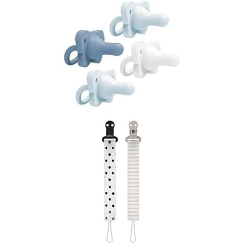 Dr. Brown's HappyPaci 100% Silicone Baby Pacifier, Contoured One-Piece Design, Light-Blue, Blue, White, 0-6m, 4-Pack + Dr. Brown's Pacifier Clips, Universal Fit, Dots and Stripes, 0-18 Months, 2-Pack
