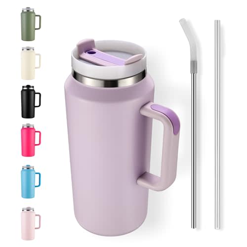 PlanetFlame 64oz Insulated Tumbler with Handle, Stainless Steel Double Wall Vacuumn Water Bottle, Lid and Straw for School, Gym, Hiking & Camping, Purple