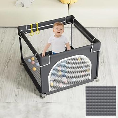 Small Baby Playpen with Mat, 36"x36" Playpen, Playpen for Babies and Toddlers, Baby Playard, Indoor & Outdoor Play Pen, Sturdy Safety Baby Play Yard with Soft Breathable Mesh (Grey)