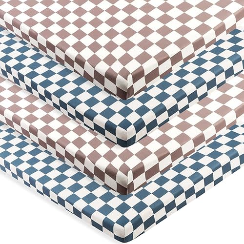 4 Pack Checkered Pack N Play Sheets Sheets Neutral Breathable Fitted Baby Mini Crib Sheets Nursery Sheets for Baby Boys or Girls (Pack N Play Sheet)