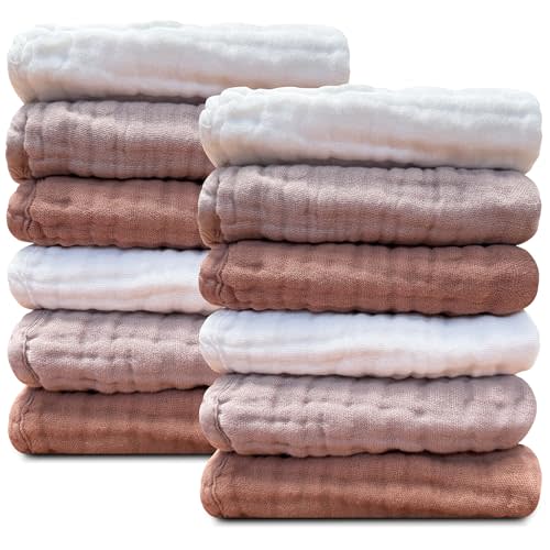 Sunny zzzZZ Baby Muslin Washcloths -100% Cotton Muslin Soft Baby Bath Wash Cloths and Absorbent Burp Cloths for Newborns Kids Girls and Boys -12 Pack, 12x12 Inches - White+Light Bean Paste Series