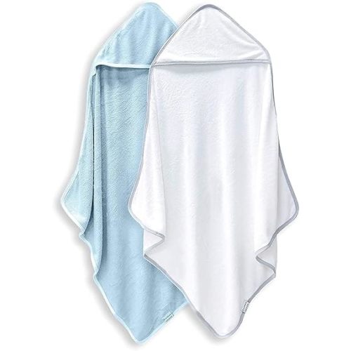 BAMBOO QUEEN 2 Pack Baby Bath Towel - Rayon Made from Bamboo, Ultra Absorbent - Ultra Soft Hooded Towels for Kids - X Large Size for 0-7 Yrs (White and Blue, 37.5 x 37.5 Inch)