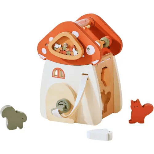 Montessori Wooden Activity Cube – Eco-Friendly Mushroom Baby Toy for Early Learning & Development, BPA Free, for Infants & Toddlers, Unisex, Promotes Motor Skills, Shapes & Colors