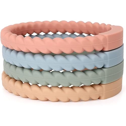 Socub Silicone Baby Teether Toy, 4 Pack BPA Free Soft Silicone Teether Bracelets for 3+Month Babies, Wearable as Bracelets, Baby Chew Toy (Sage/Ether/Muted/Apricot)