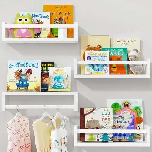 Fixwal Nursery Book Shelves, 16.5 Inch Floating Bookshelves for Nursery Decor & Playroom Decor, Set of 4, Solid Wood Wall Mounted Shelves for Books, Toys and Decor Storage (White)